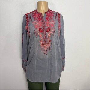 Johnny Was Gray and Blue Embroidered Tunic with Mandarin Collar